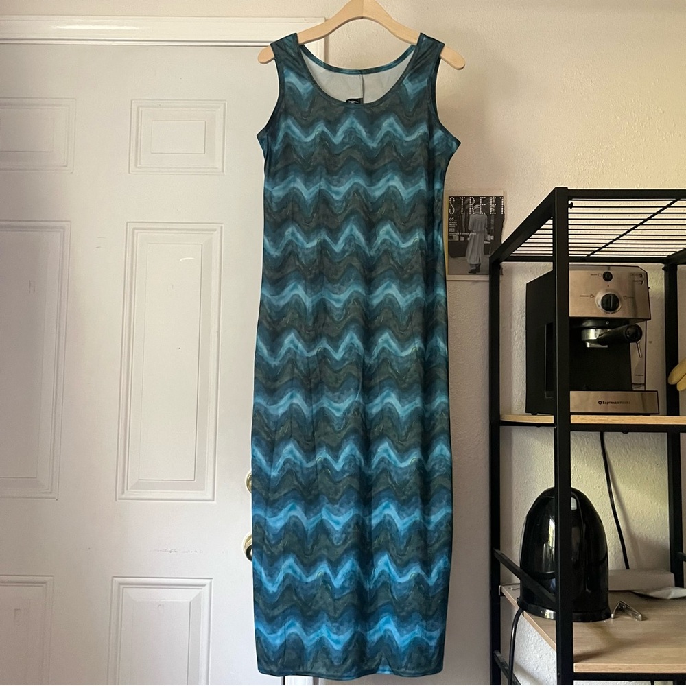 WHIRLAWAY FROCKS vintage blue zig zag chevron watercolor sleeveless‎ midi maxi